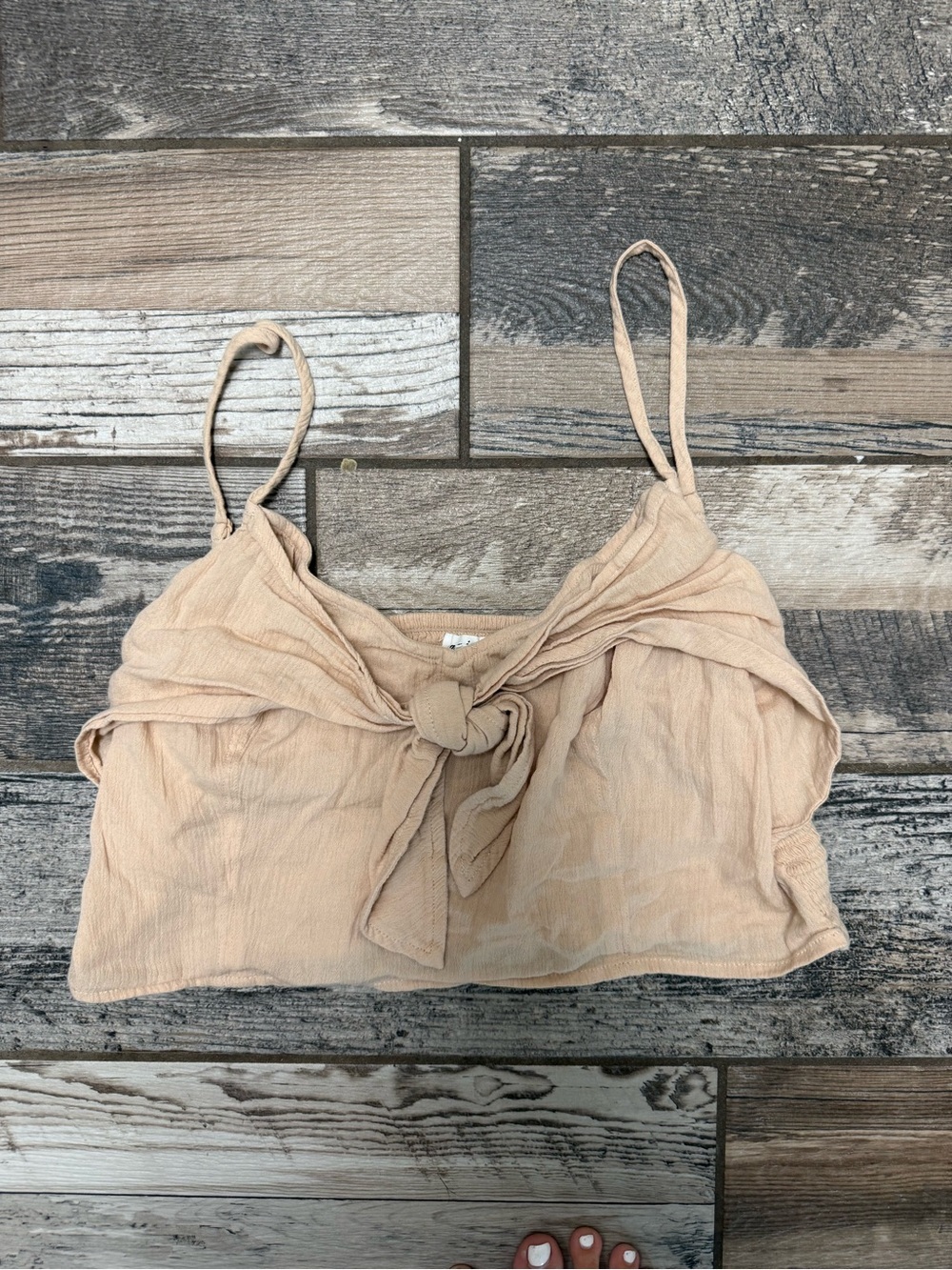 aerie Peach Beige Tie-Front Spaghetti Strap Crop Top